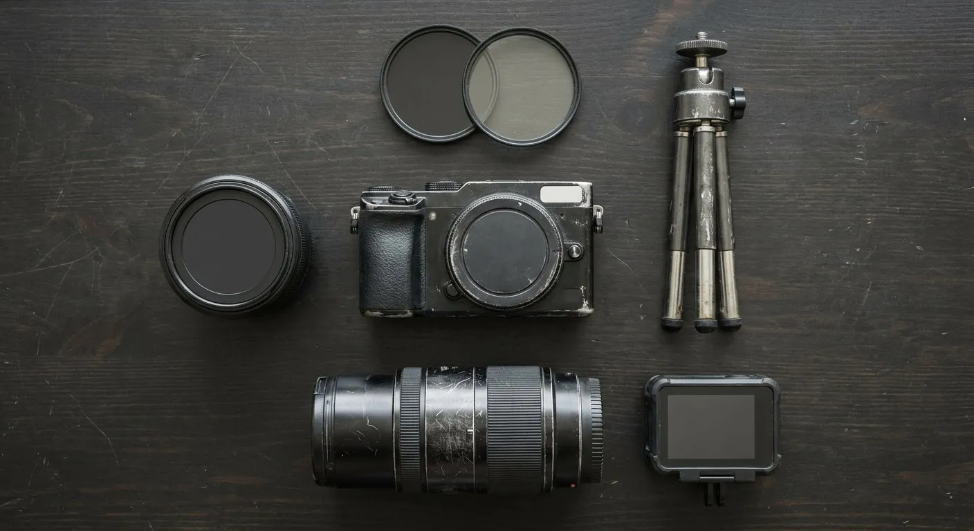 Vista dall'alto dell'attrezzatura: corpo mirrorless, grandangolare, macro, treppiede da viaggio, due filtri e una action cam su un tavolo di legno scuro