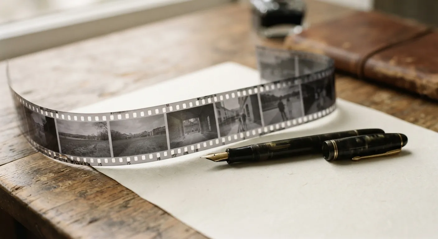Striscia di negativi 35mm e una penna appoggiate su un foglio, luce laterale