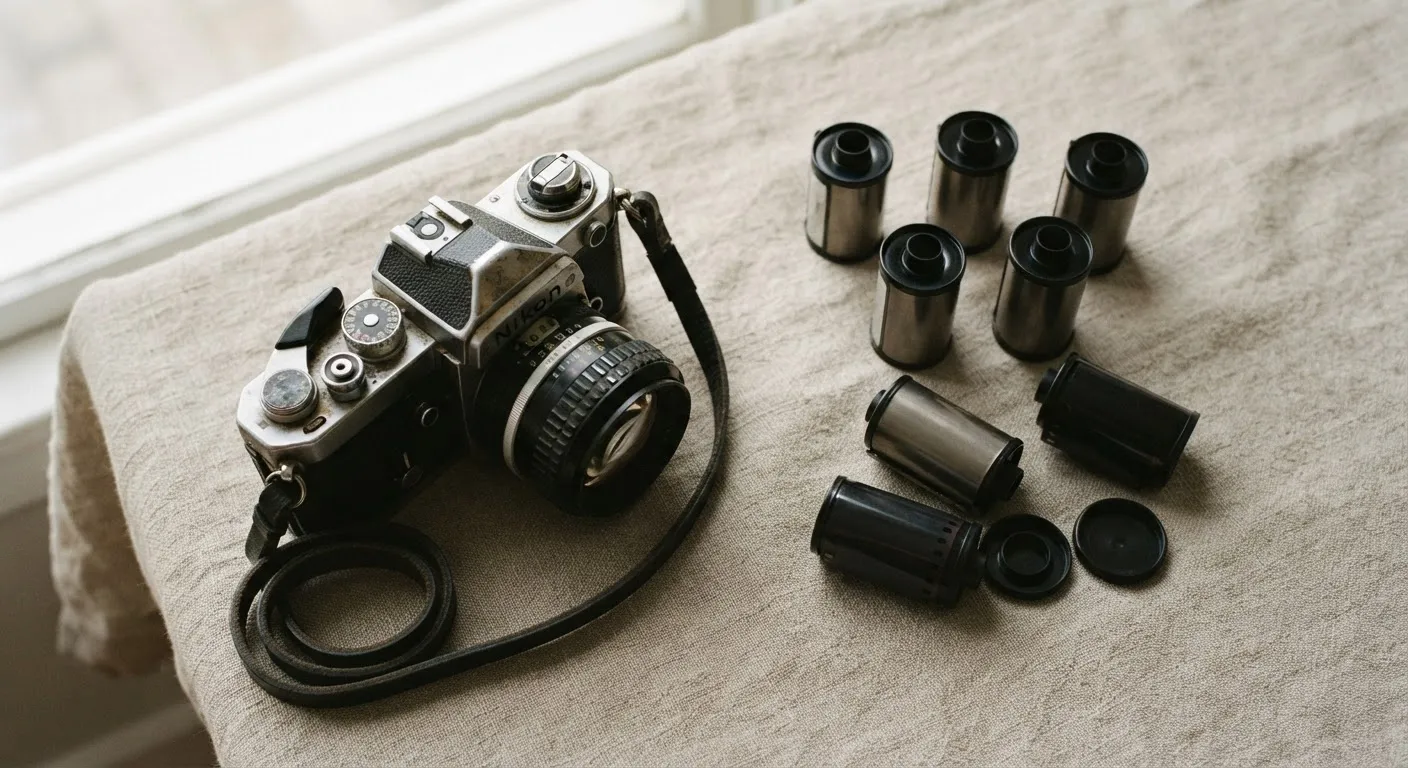 Rullini 35mm e una vecchia fotocamera meccanica su un piano di lino chiaro