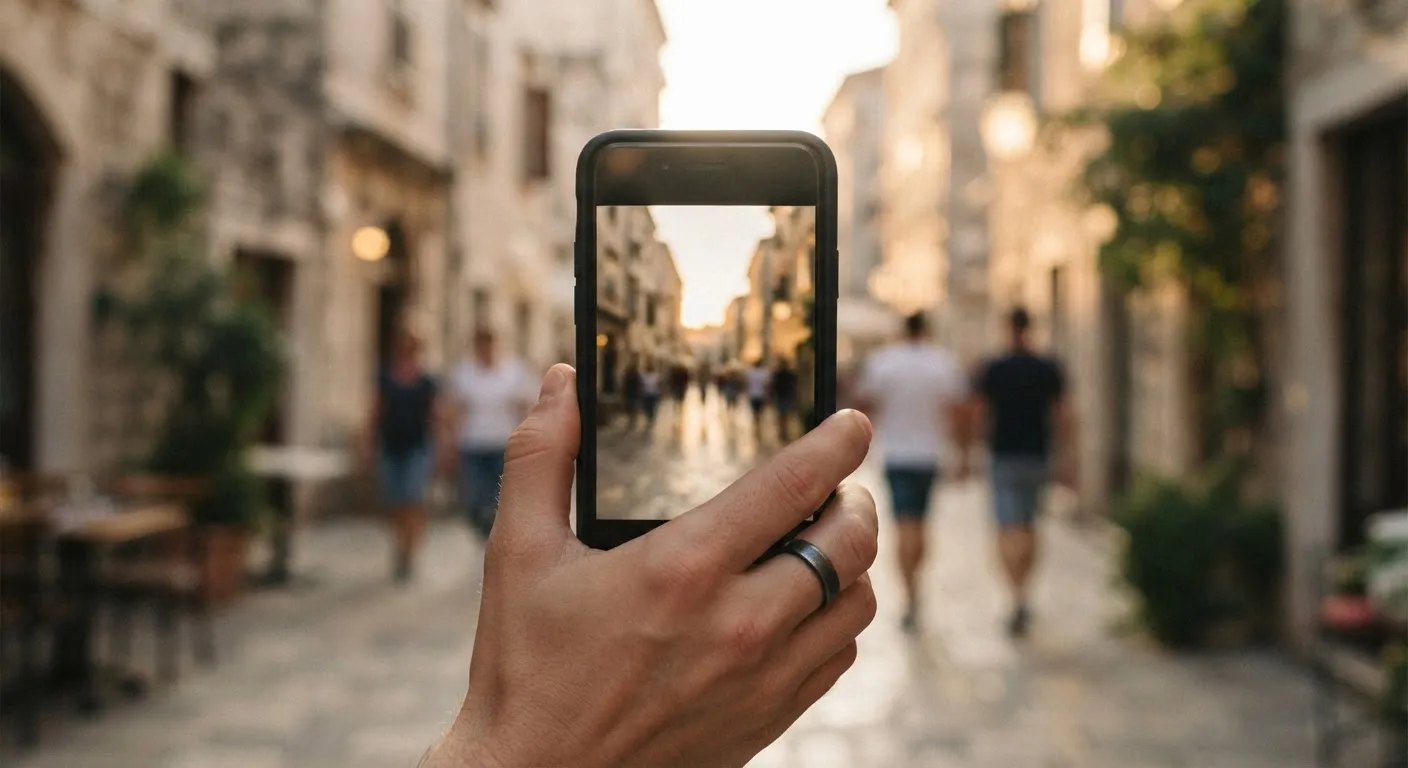 Una mano regge uno smartphone che inquadra una strada illuminata dal sole