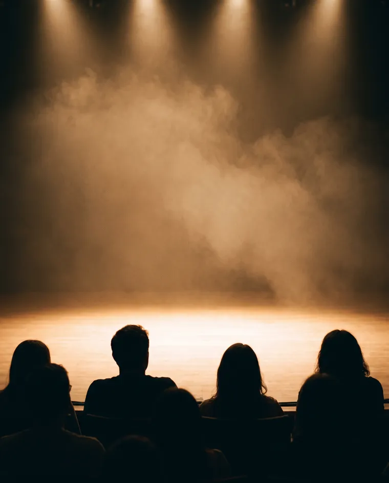 Le sagome degli spettatori in prima fila davanti a un palco vuoto, illuminato dai fari attraverso il fumo