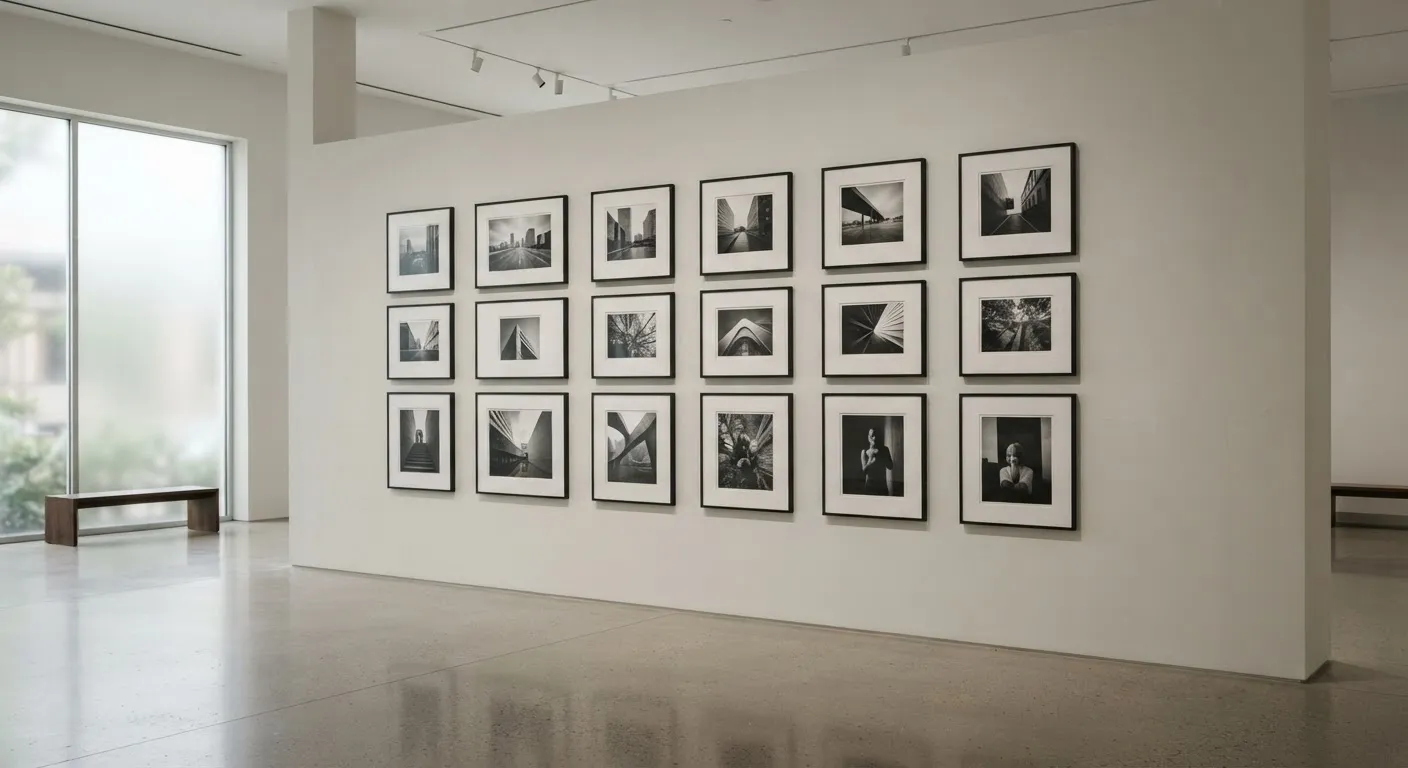Parete di una galleria con fotografie in bianco e nero incorniciate e allineate