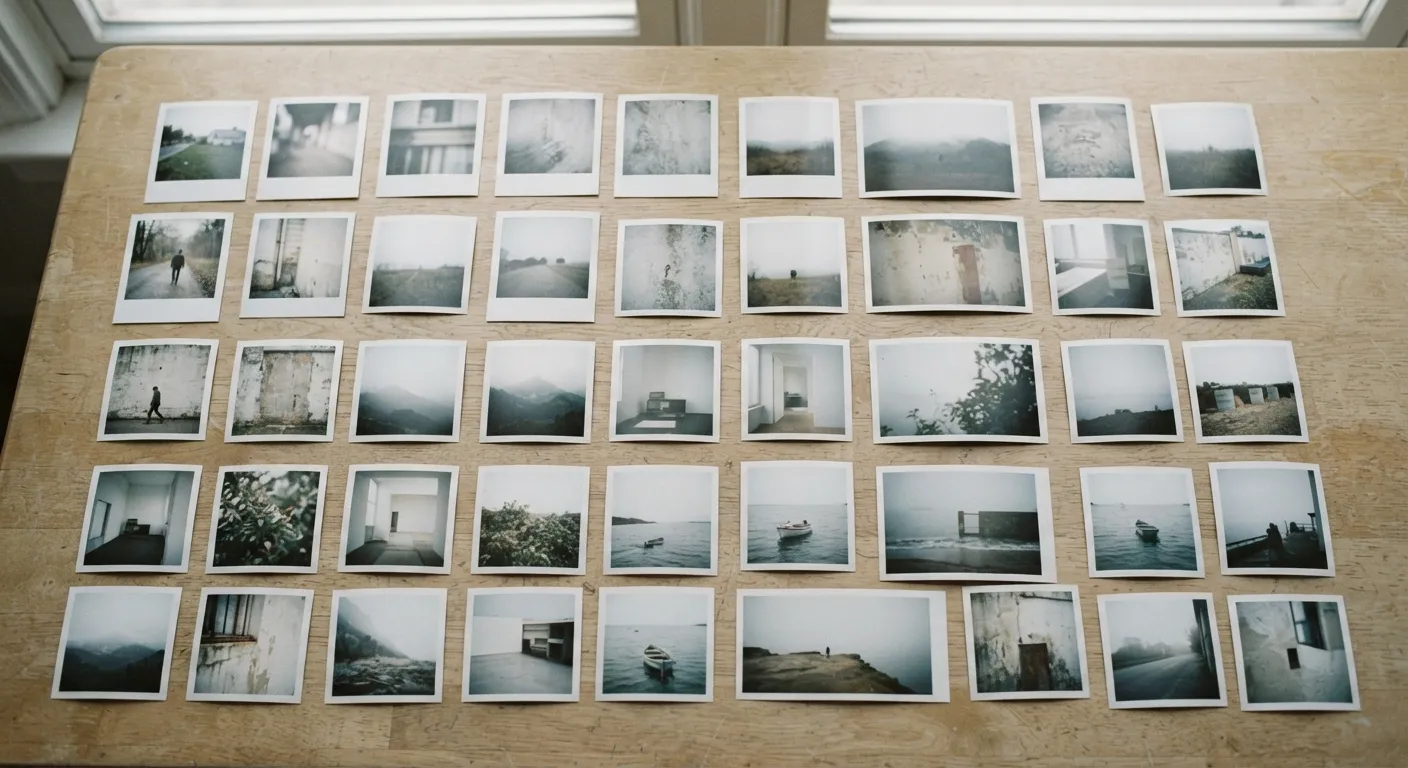 Molte piccole stampe fotografiche disposte in griglia su una scrivania chiara